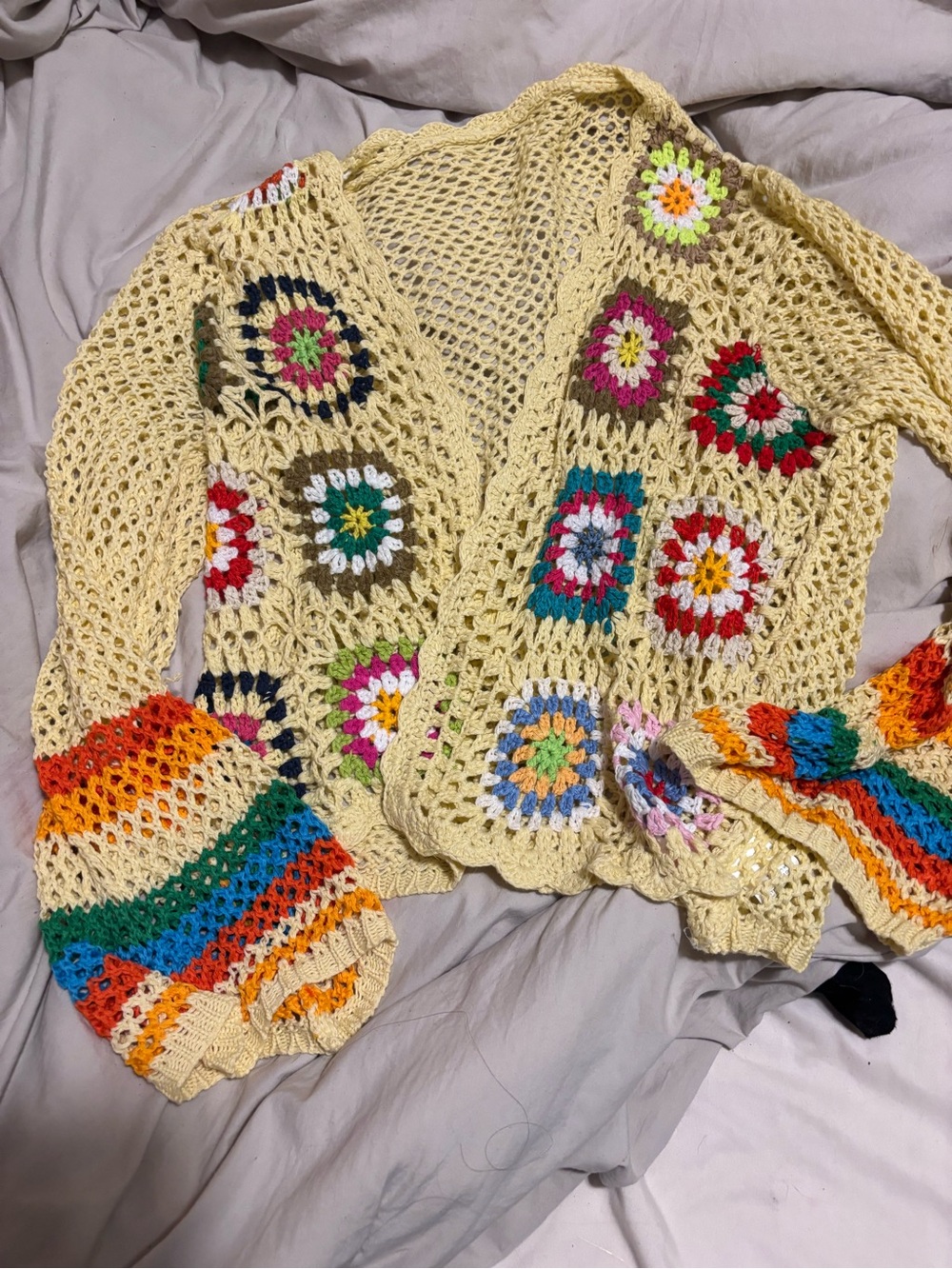 Handmade Cream Crochet Cardigan with Multicolor Granny Squares